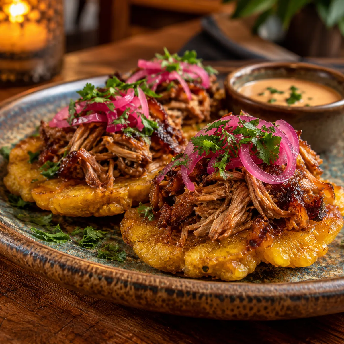Tostones con Cerdo Desmenuzado